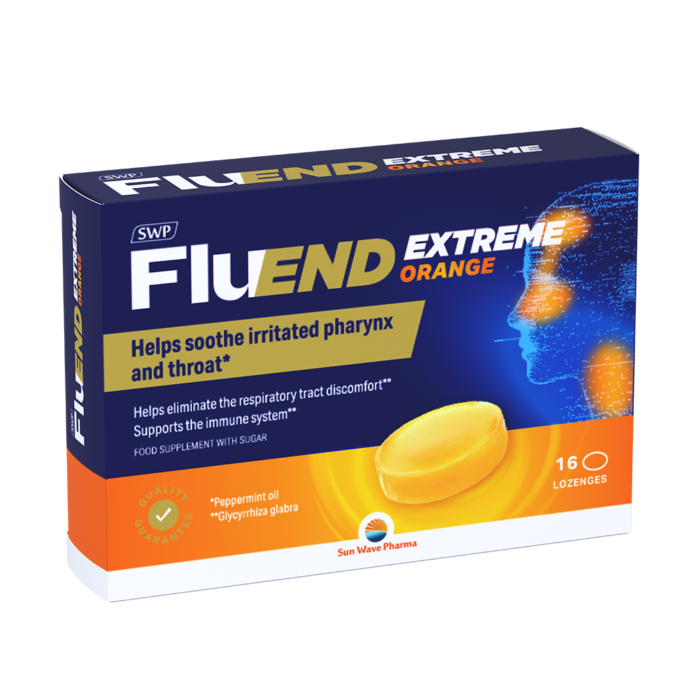 Sun Wave Pharma FluEND Extreme Orange pastile z okusom mentola in pomaranče, 16 pastil